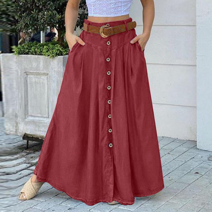 High Waist Button Down Solid Loose Swing Pleated Skirt