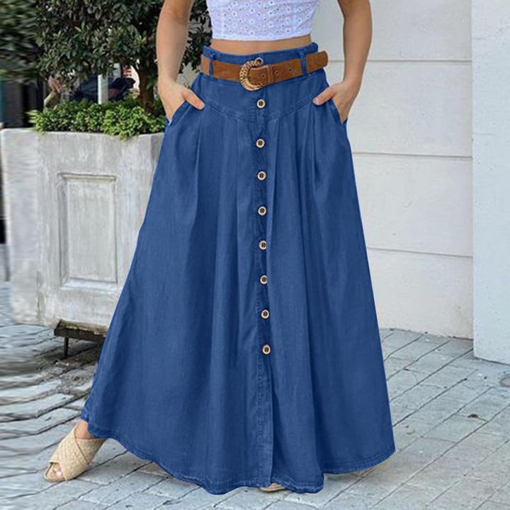 High Waist Button Down Solid Loose Swing Pleated Skirt