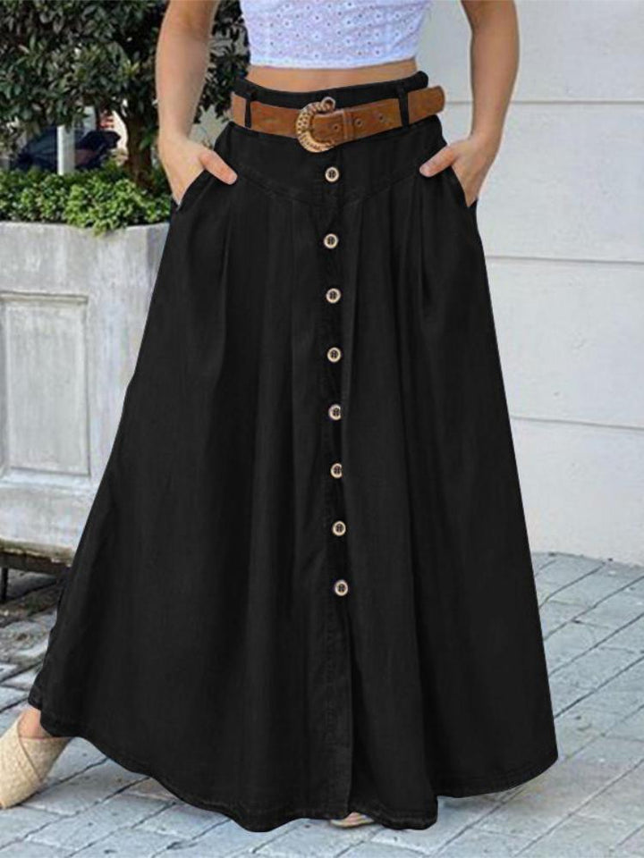 High Waist Button Down Solid Loose Swing Pleated Skirt